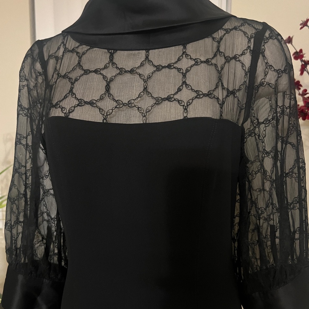 ABS Allen Schwartz Black Cocktail Dress with Square Neck and Bishop Sleeves